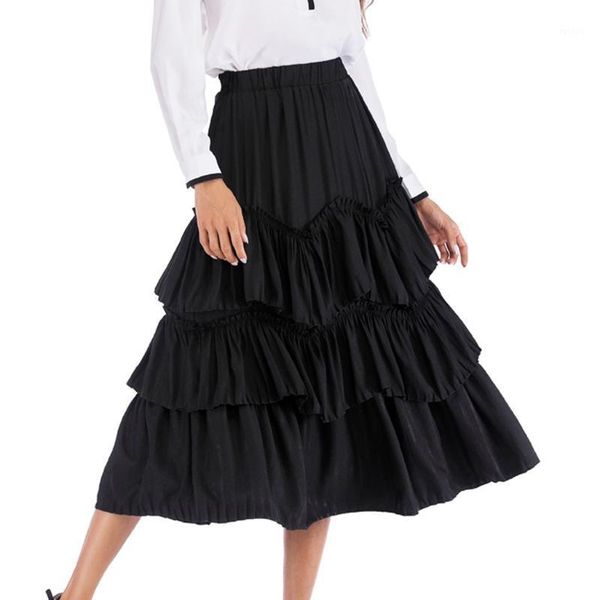 

retro women cake skirt solid color fashion high waist a line skirt summer spring party midi skirts for ladies faldas mujer1, Black