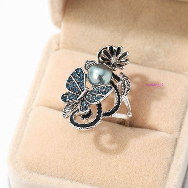 

selling retro gas women's ring jewelry ink blue-encrusted pearl butterfly-encrusted diamond female ring, Silver