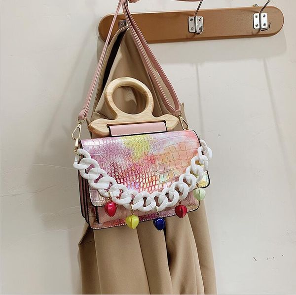 

factory wholesale women handbag sweet tassels women shoulder bag color printed leather messenger bags fashion wooden handle handbag, Black;red