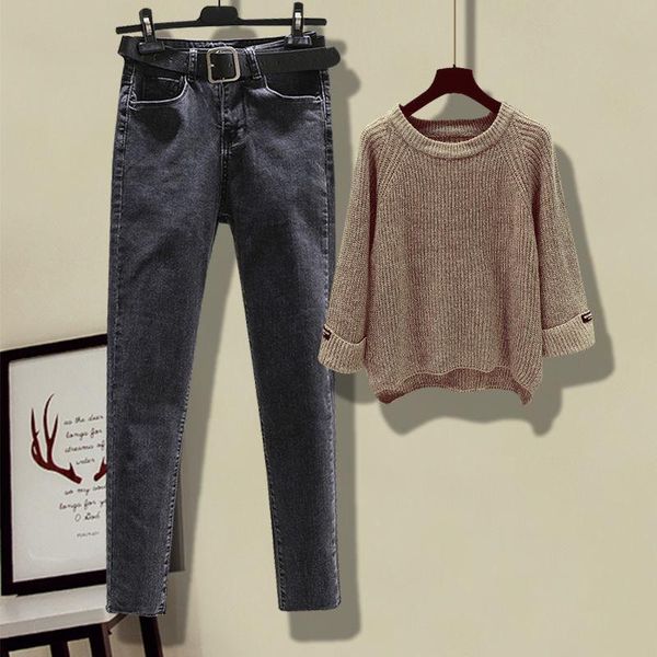 

women's tracksuits two-piece plus size autumn sweater set, western style covering belly and thin jeans tracksuit set, Gray