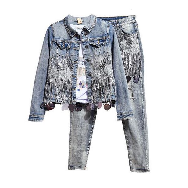 

tide brand wash old denim suit female autumn 2020 new embroidery tassel denim jacket small feet pants two-piece, Black;brown