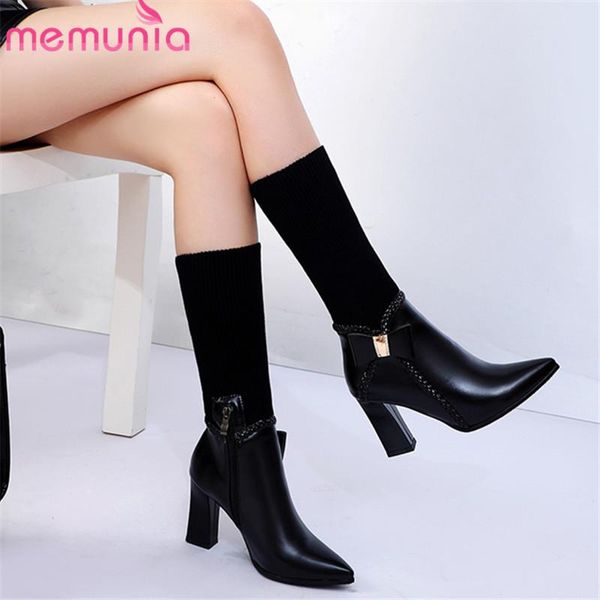 

memunia 2020 new arrival women ankle boots pointed toe bowknot high heels shoes pu fashion stretch boots female big size 47, Black