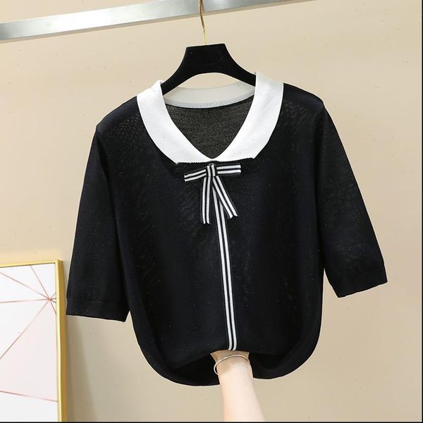 

big size 4xl women girl summer short sleeve pullovers crew neck knitted sweater cute sweet knitwear outwear, White;black