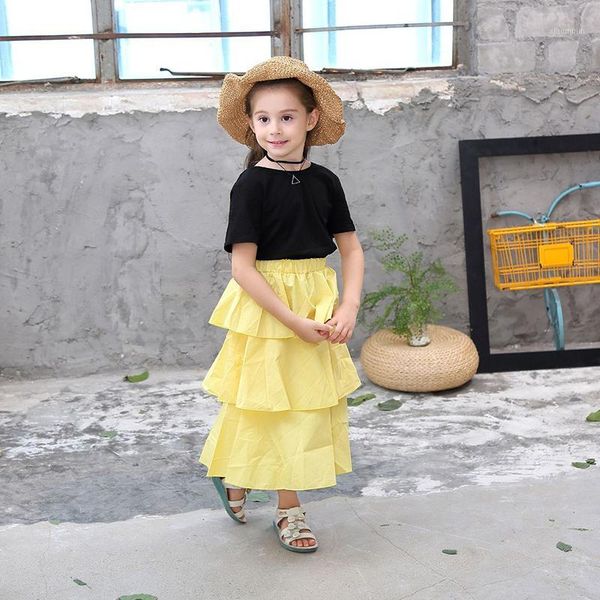 

girl's dresses summer layered kids for girls 2021 brief style clothes backless t-shirt + yellow dress children princess dress1, Red;yellow