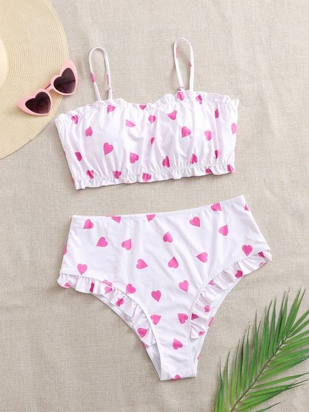 

plus heart print frill trim high waisted bikini swimsuit i0pe#, Black