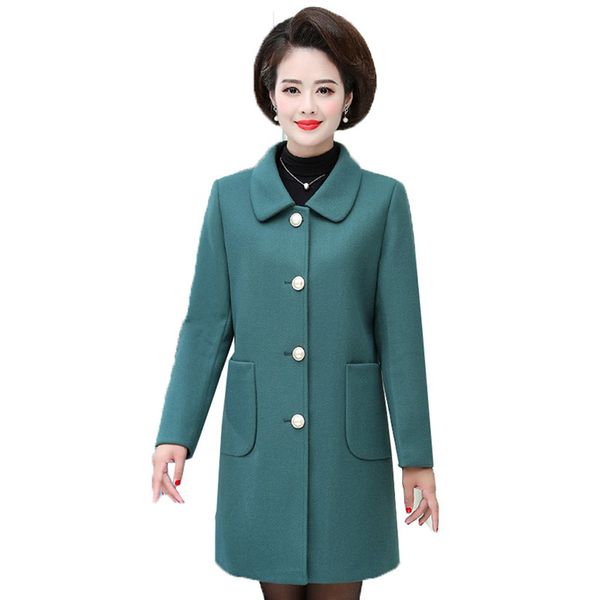 

long wool middle aged women blended woolen coat jacket 2021 autumn winter single-breasted elegant outerwear plus size 5xl, Black