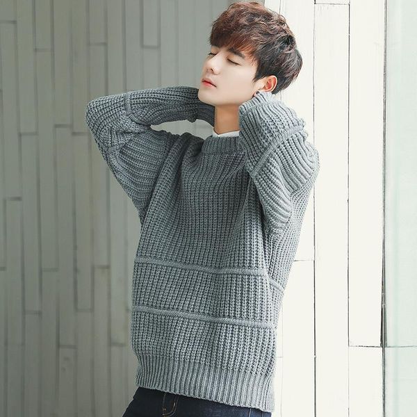 

new sweater men's korean fashion solid color loose crew neck sweater men's spring and autumn pullover thick line, White;black