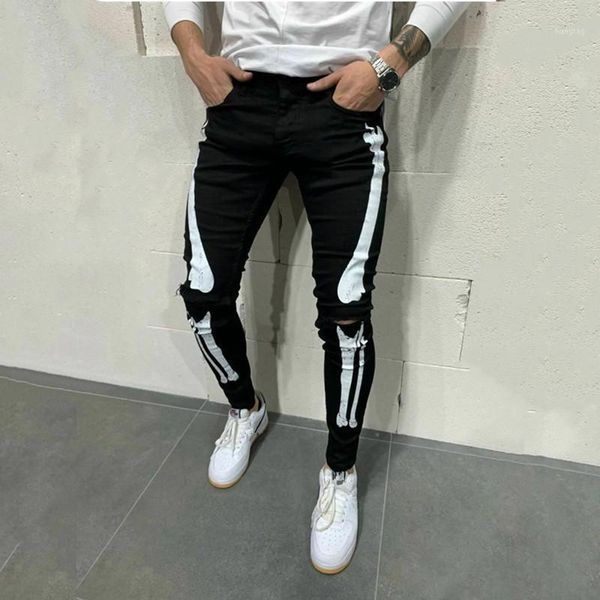 

new cool designer men stretchy ripped skinny biker print jeans destroyed hole fashion slim denim scratched jeans1, Blue