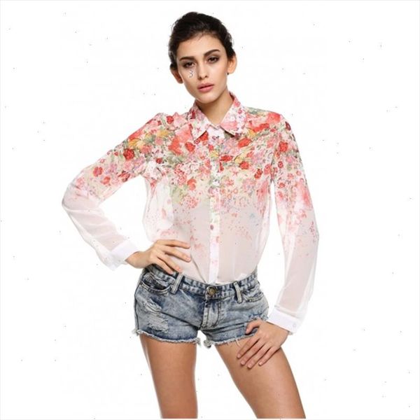 

fashion spring autumn women turn down collar floral printed chiffon long sleeved shirt casual blouse drop shipping, White