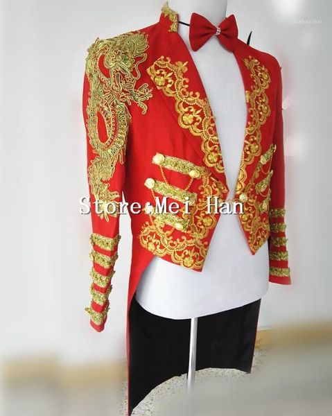 

shining gold trims tuxedo for men chains jacket embroidery stage performance circus wear costume outerwear male singer outfit1, Black;red