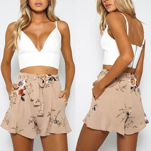 

shorts women floral print short femme 2018 new summer style loose belt casual thin mid casual short women's plus size1, White;black
