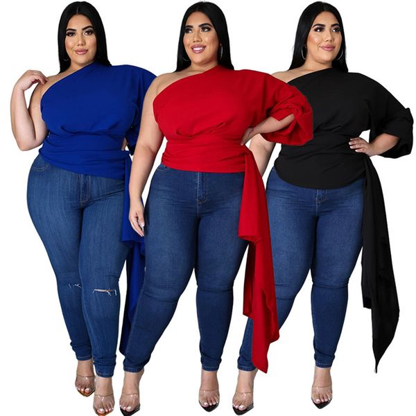 

plus size womens t shirts solid color slanted shoulder puff sleeve asymmetric fashion backless women clothing