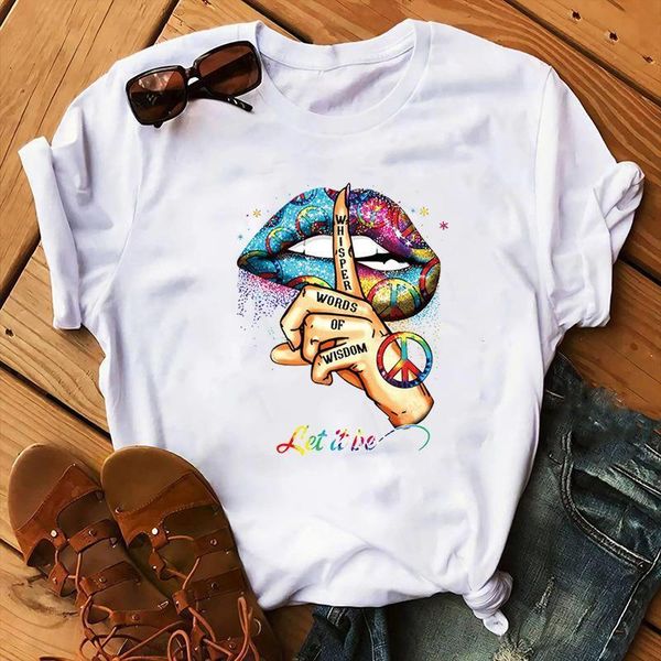 

shut up colorful lip print t shirt women short sleeve o neck loose tshirt women tee shirt female clothes camisetas mujer, White