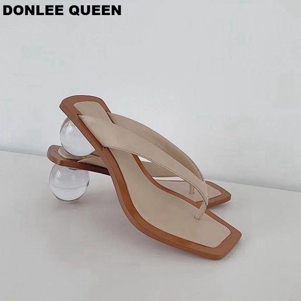 

summer flip flops slippers clear transparent med heel slides fashion round ball heel slipper brand sandals for party shoes women y200423, Black