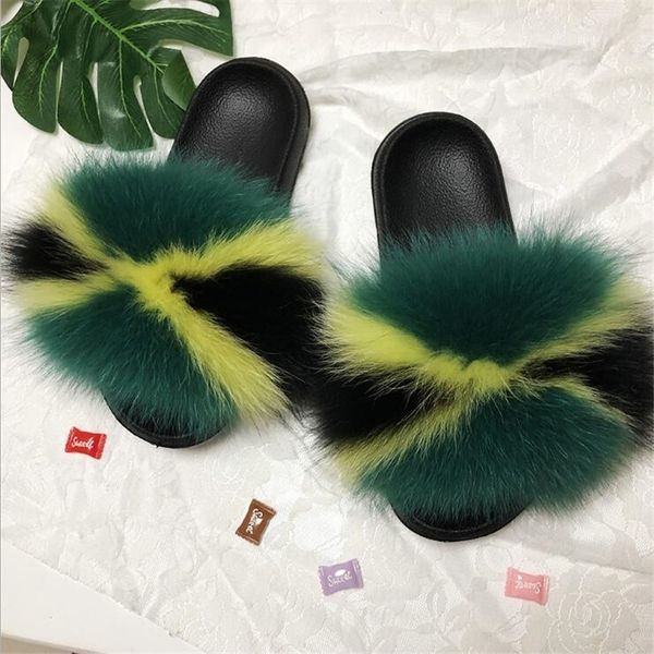 

women furry slippers ladies cute plush fox hair fluffy sandals women fur slippers winter warm slippers for women flip flops y201026, Black