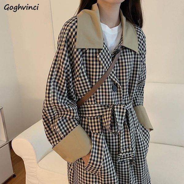 

женщины траншеи плед пэчворк длинные пальто женские свободные повседневные повседневные универсальные женские женские дамы элегантные одиноч, Tan;black