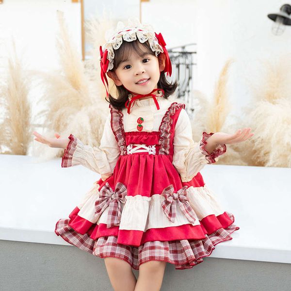 

autumn drs long sve girls' plush and winter children's princs lolita skirt, Red;yellow