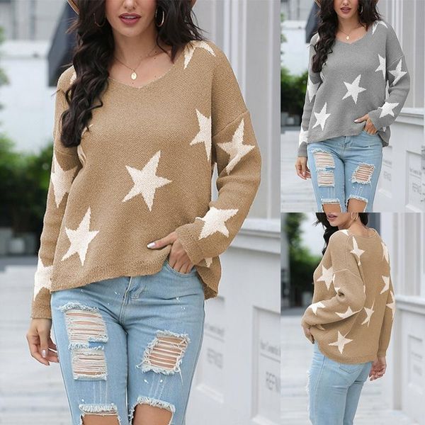 

women's sweaters star print off-shoulder pullover sweater ladies casual v-neck loose long-sleeved knitted autumn winter, White;black