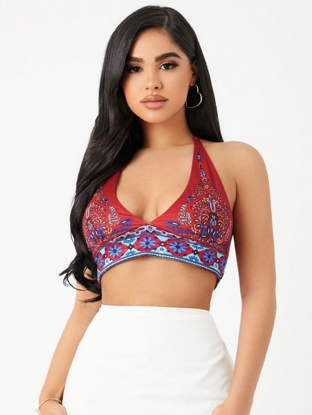 

floral print tie backless crop halter u26j#, White