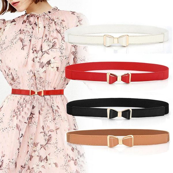 

pu leather elastic waist belt korean fashion bow stretch belts for women ladies dress decoration belt solid color waisband wmtkts, Black;brown