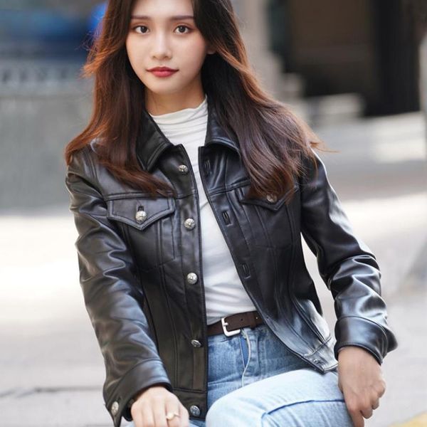 

women's leather & faux autumn spring natural real sheep jacket punk style motorcyle jackets coats streetwear f805, Black
