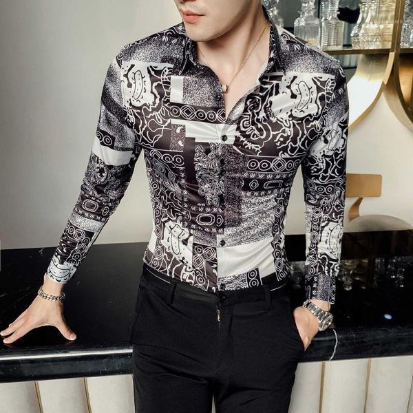 

2019 men's shirts luxury shirt men's casual slim long sleeve england print shirt prom party camisa de alta calidad1, White;black