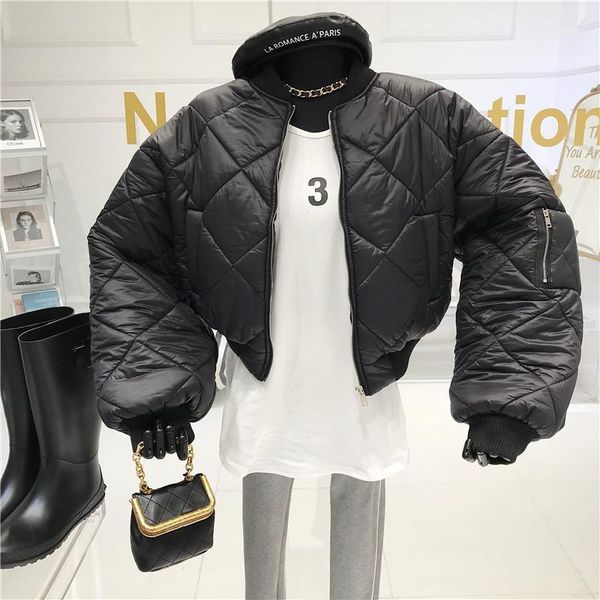 

2020 autumn and winter new products woman all-match short quilted baseball uniform casual long-sleeved zipper loose jacket coat1, Black