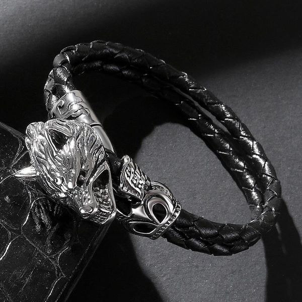 

2020 men jewelry black genuine leather bracelet stainless steel punk ferocious wolf charm bangles women gift sqcppq, Golden;silver