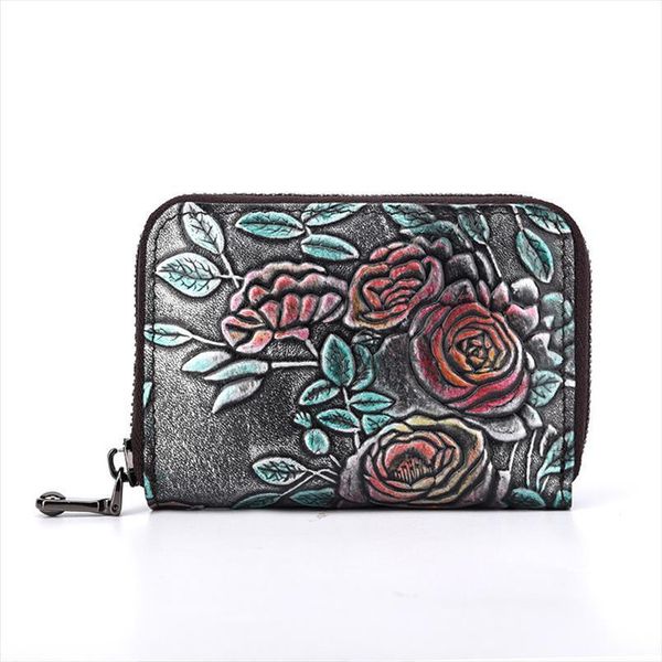 

women zipper short wallet credit id card holder flower pattern genuine leather female coin pocket clutch money bag bifold purse, Red;black