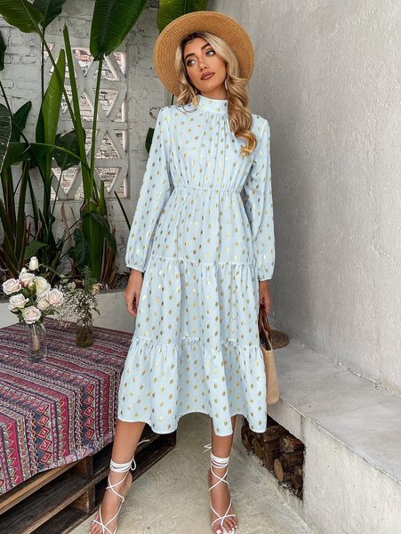 

gold dot print mock neck ruffle hem dress i9kr#, Black;gray