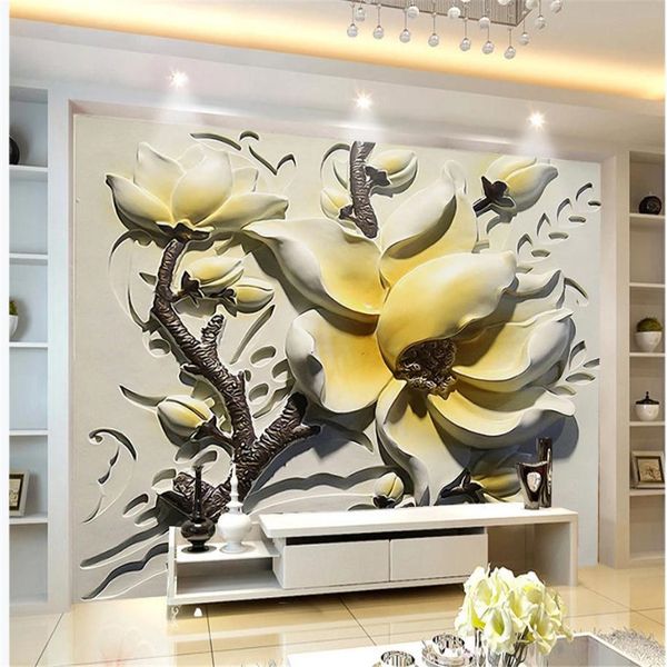 

living style wallpaper magnolia flower relief tv background wall resin flower wallpapers decorative painting