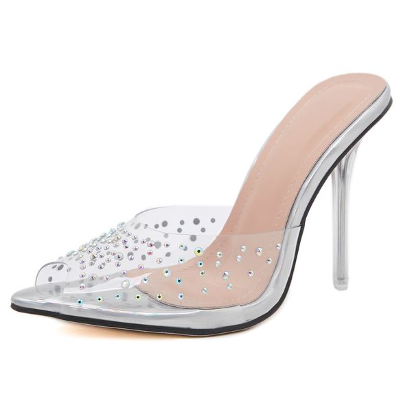 

2021 new toe strass slippers transparent stiletto shoes heels for woman size 40-41 3e8b, Black