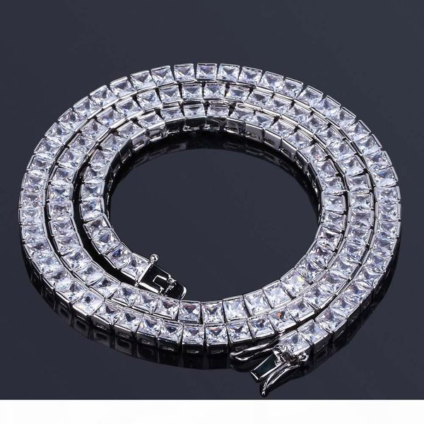 

hip hop chain 18k gold electroplated single row square cubic zirconia copper necklace for men high polished iced out shiny bling jewelry, Silver