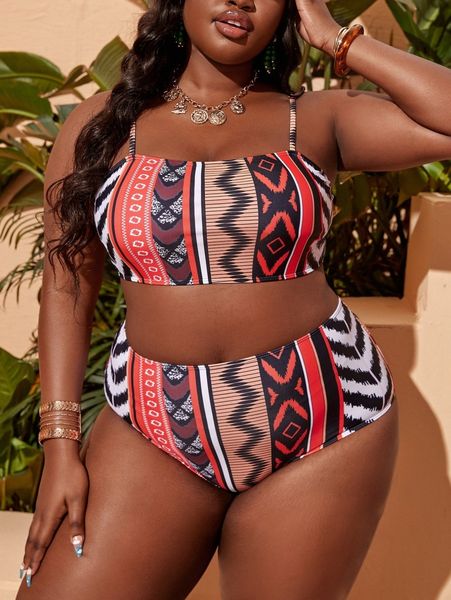 

sxy plus geo print spaghetti strap bikini swimsuit c5qn#, Black