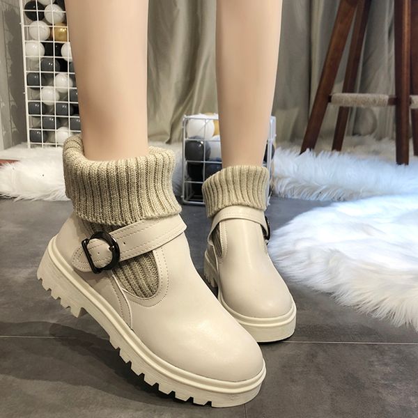 

elastic knitted leather from plutonium ankle for women fashion buckle square jump short black woman boots beige platform