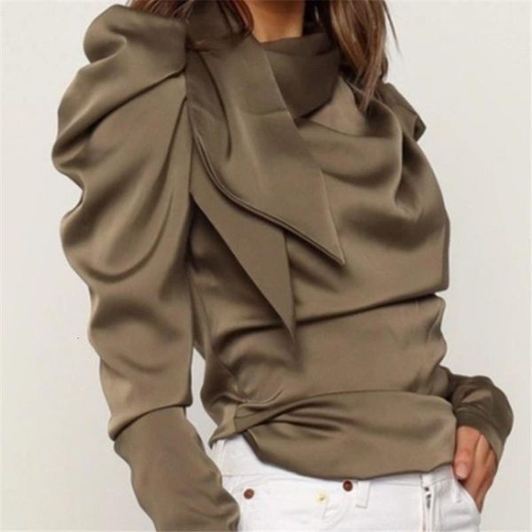 

fashion women satin bow neck long puff sleeve black elegant outwear shirt office lady classic blusas chemise outfits, White