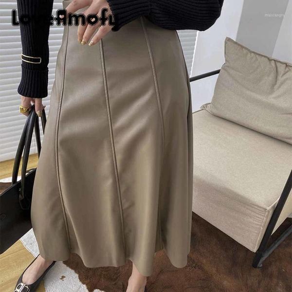 

elegant women skirt pu leather skirt mid-long a-line full-length causal style socialite female luxury winter wear 20211, Black