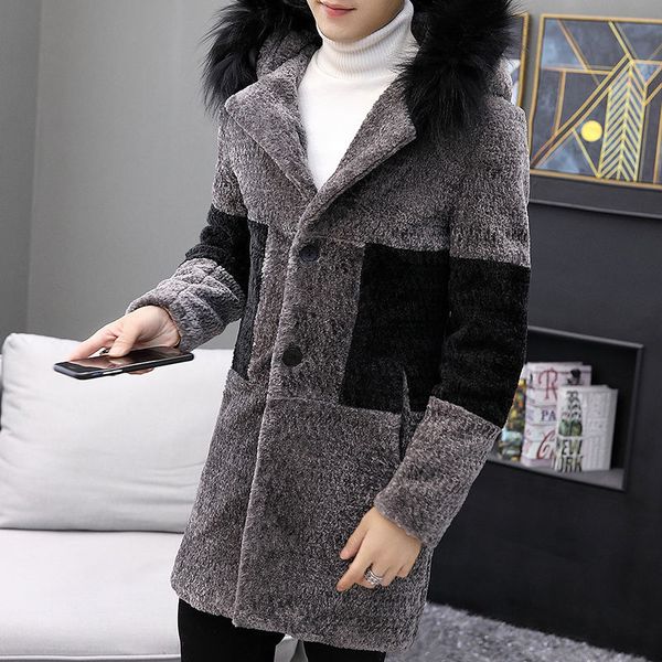

2020 skin men splicing contrast from female long male streetwear vintage hip hop fashion thick jacket outerwear fur collar with 781f, Black