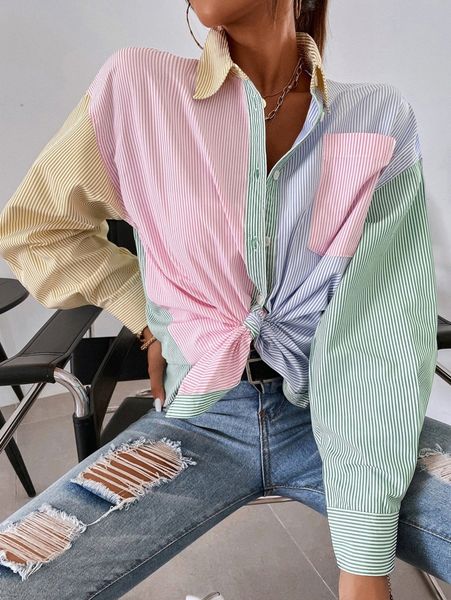 

striped colorblock button front blouse b1kv#, White