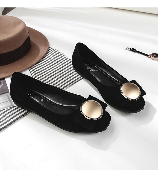 

2021 new version of the square style low cut head metal buckle women's suede shoes kc4i, Black