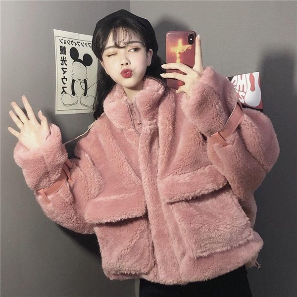 

winter fashion faux fur coat warm thick loose plush coat winter jacket women faux fur jacket teddy plus size, Black