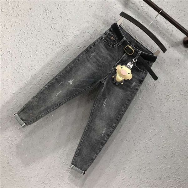 

new spring and autumn hong 2020 kong style women's trend simple catch pattern loose skinny jeans harlan pants, Black;gray
