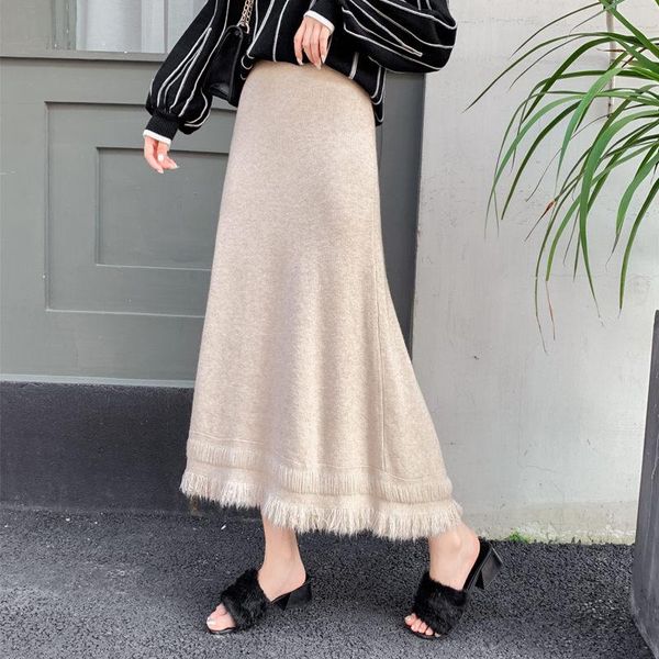 

skirts high waist slim knit skirt women's 2021 fall/ winter mid-length korean wild thick a-line overisized tassel saia y704, Black