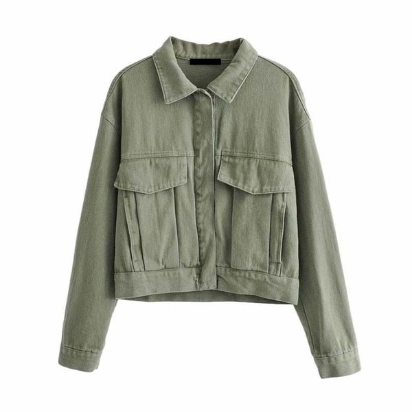 

vintage stylish green pockets tooling cropped jacket women fashion turn-down collar long sleeve coat girls chic streetwear, Black;brown