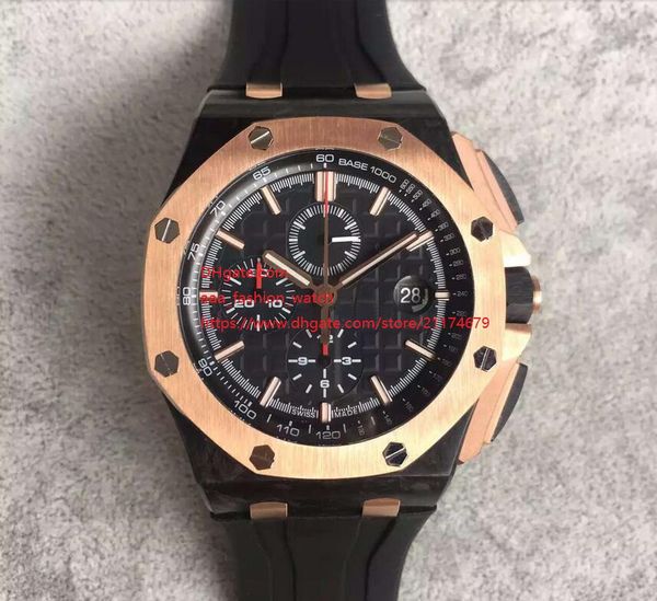 

new 42mm quartz chronograph black dial black rubber belt pink gold stainless men's sports watch watches, Slivery;brown
