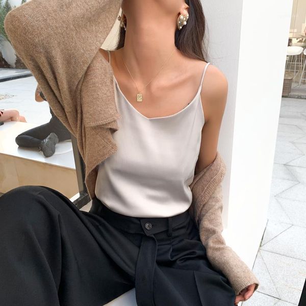 

korean fashion silk women woman satin blouses plus size woman v neck solid blouse women sleeveless blouses1, White