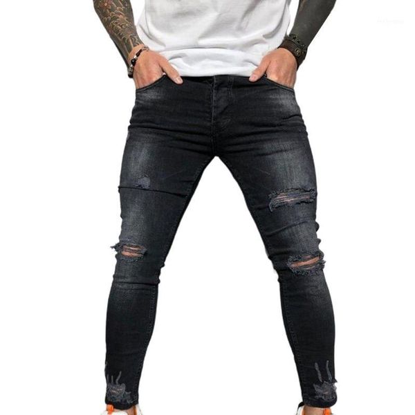 

8814/8816 men's leisure time camouflage nine part pants self-cultivation bound feet student holes denim jean pants1 men's jeans, Blue