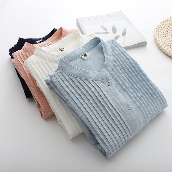 

spring autumn art style fresh 100% cotton shirts women vintage stand collar long sleeve folds pachwork loose blouses casual, White