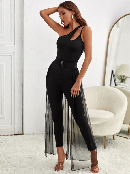 

one shoulder cut out unitard jumpsuit & contrast mesh buckled skirt a3yn#, White