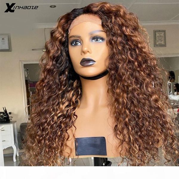 

curly lace front wigs ombre brown colored 13x6x1 t part lace front human hair wigs for women with elastic band baby hair, Black;brown